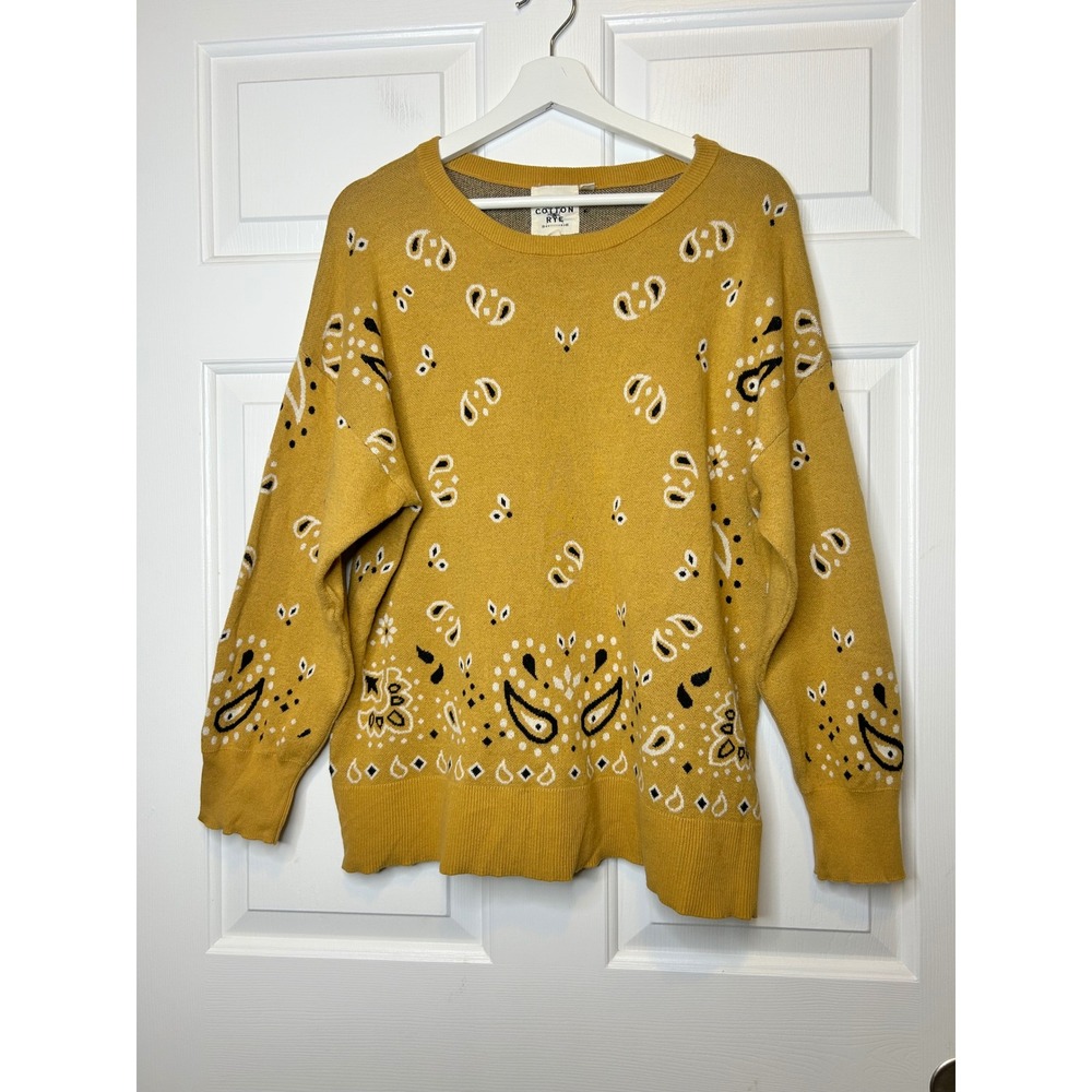Cotton & Rye Bandana Paisley Sweater XL Mustard Yellow Boho Oversized